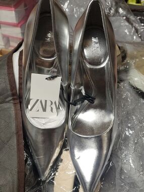 Zara Metallic Silver Pointed-Toe Heels